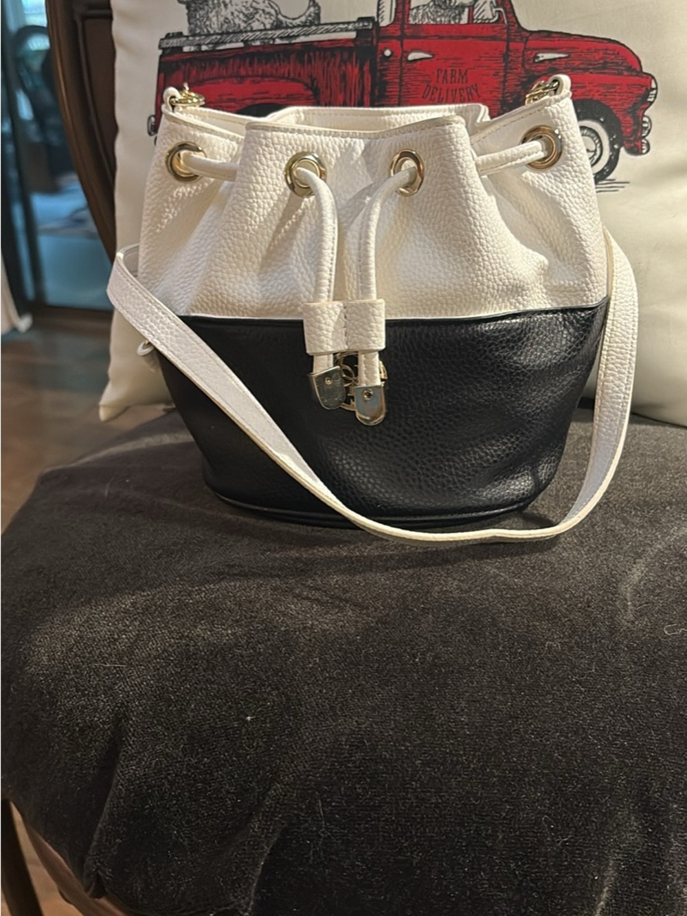 White and Black Leather Drawstring Bucket Bag - by Guess